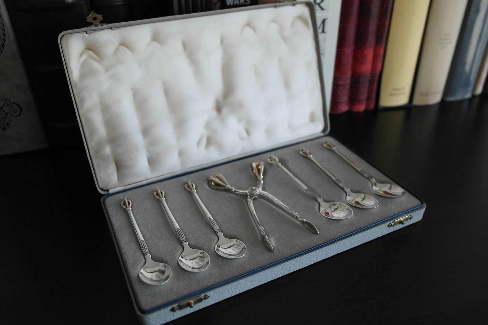 Vintage sterling silver set six spoons plus tongs Denmark W&S Sorensen in box