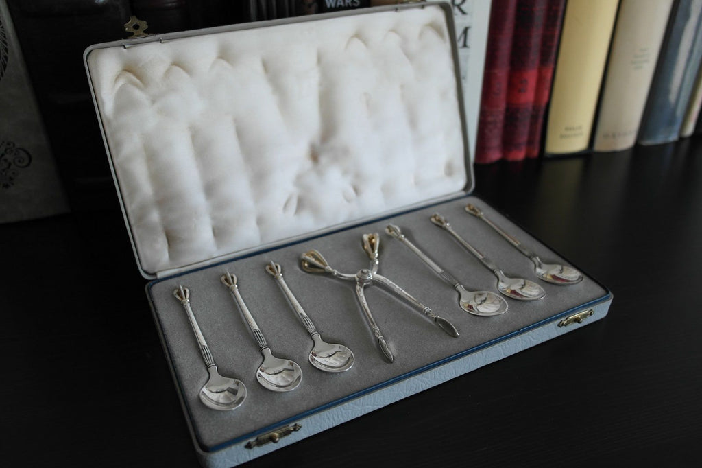 Vintage sterling silver set six spoons plus tongs Denmark W&S Sorensen in box