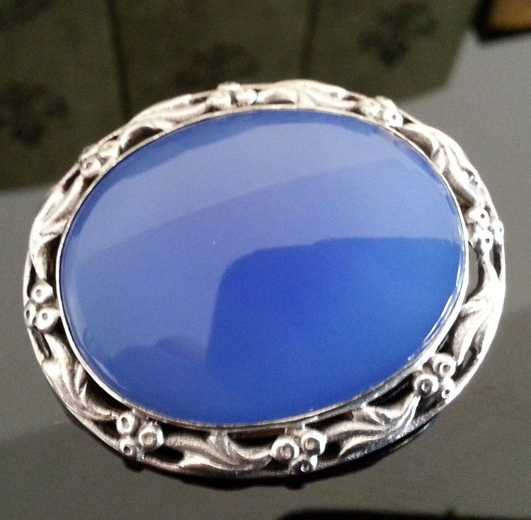 Vintage 1963 sterling silver brooch blue Chalcedony Agate gemstone solid gift