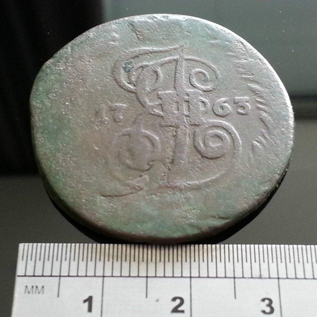 Antike Münze von 1763, 2 Kopeken, Kaiser Katharina II. des Russischen Reiches, 18. Jh