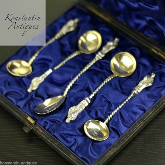 Antique Victorian 1883 sterling silver gold plated Apostle spoons 4+1 set boxed