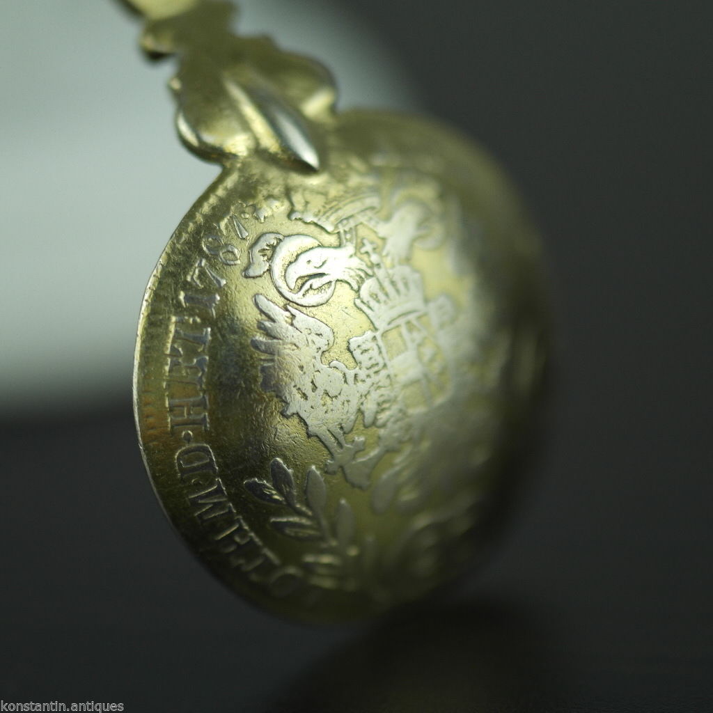 Antique 1787 gold plated solid silver 20 Kreuzer coin spoon IOSEPH Austrian Empire 800 German