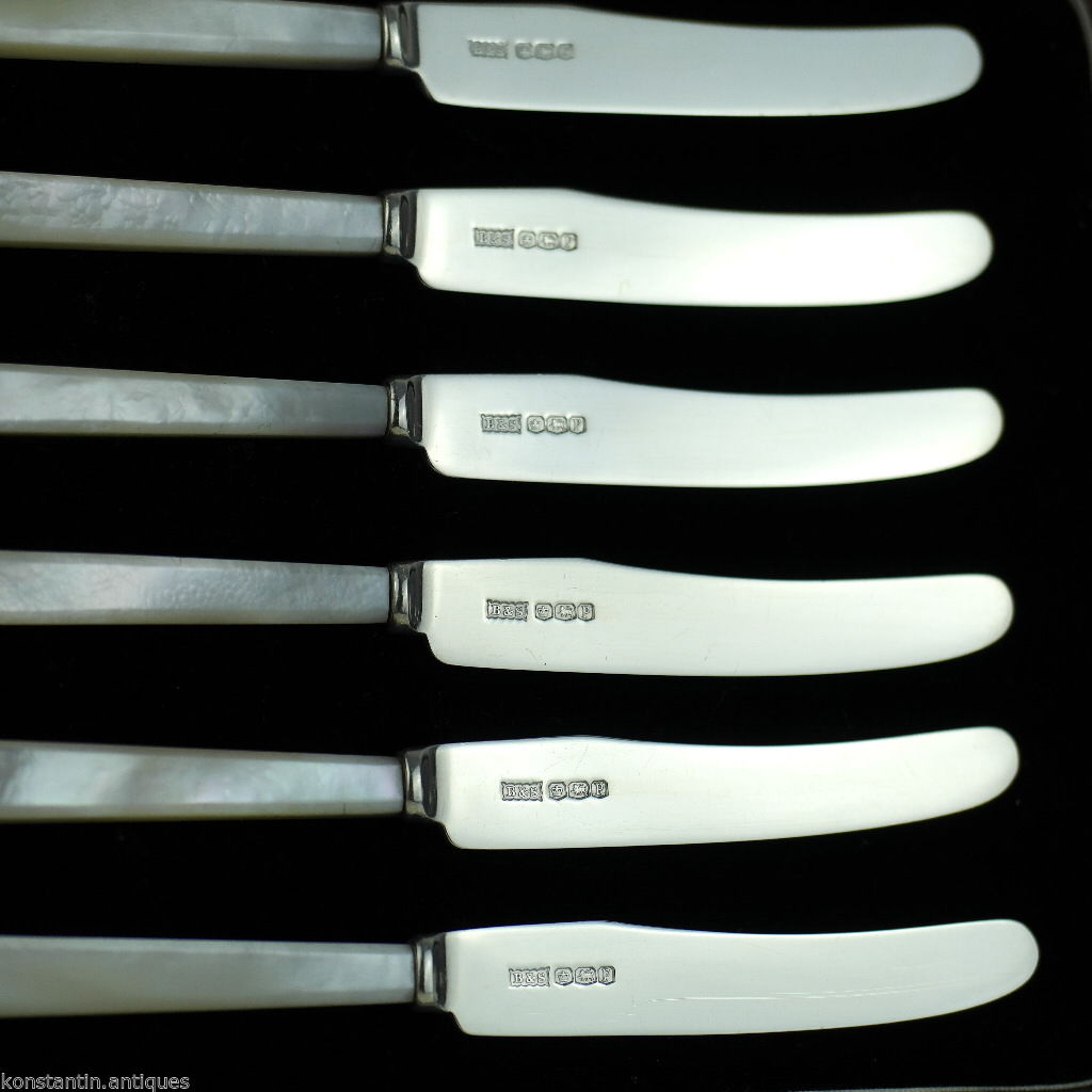 Antique 1932 Sheffield solid silver set of six knives with Nacre handles