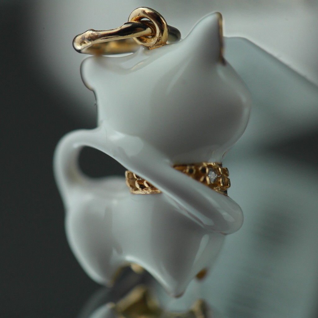 Gold Plated Sterling silver pendant white Enamel Cat with encrusted collar band