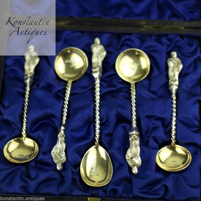 Antiguas cucharas de apóstol victorianas de plata de ley de 1883 chapadas en oro 4+1 juego en caja