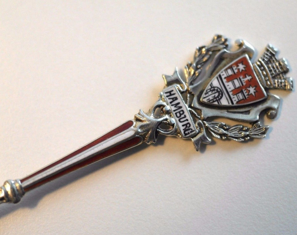 Deutscher Emaille-Löffel aus massivem Silber. Rathaus Hamburg Wappen 800 Kreuz
