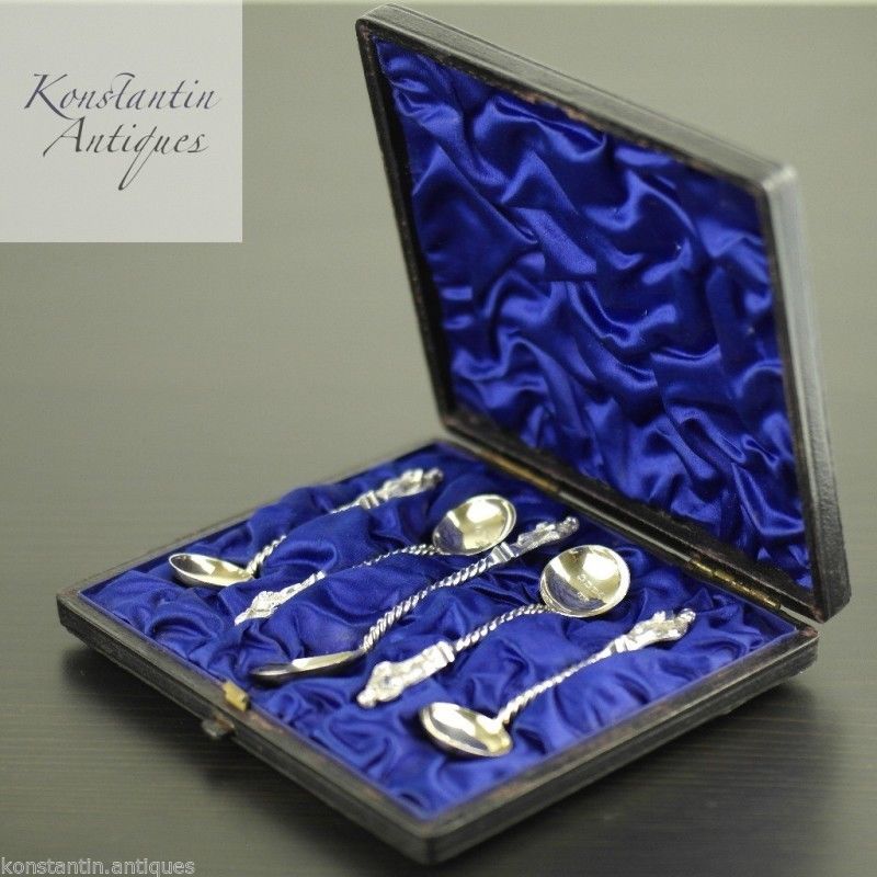 Antiguas cucharas de apóstol victorianas de plata de ley de 1883 chapadas en oro 4+1 juego en caja