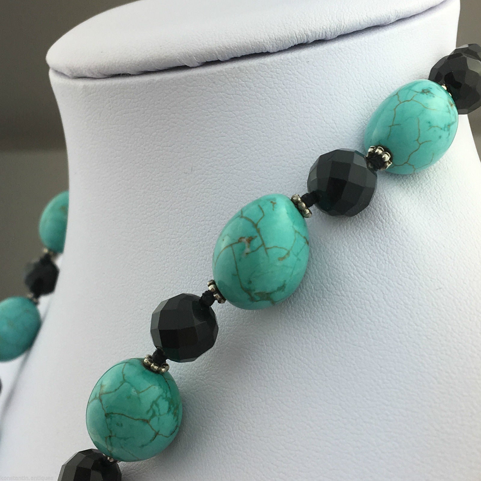 Vintage Lucas Lameth Turquoise and Onyx, sterling silver beads & clasp necklace