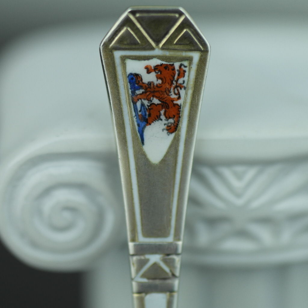 Antique enamel picture solid silver spoon German Dusseldorf Konsthalle 800