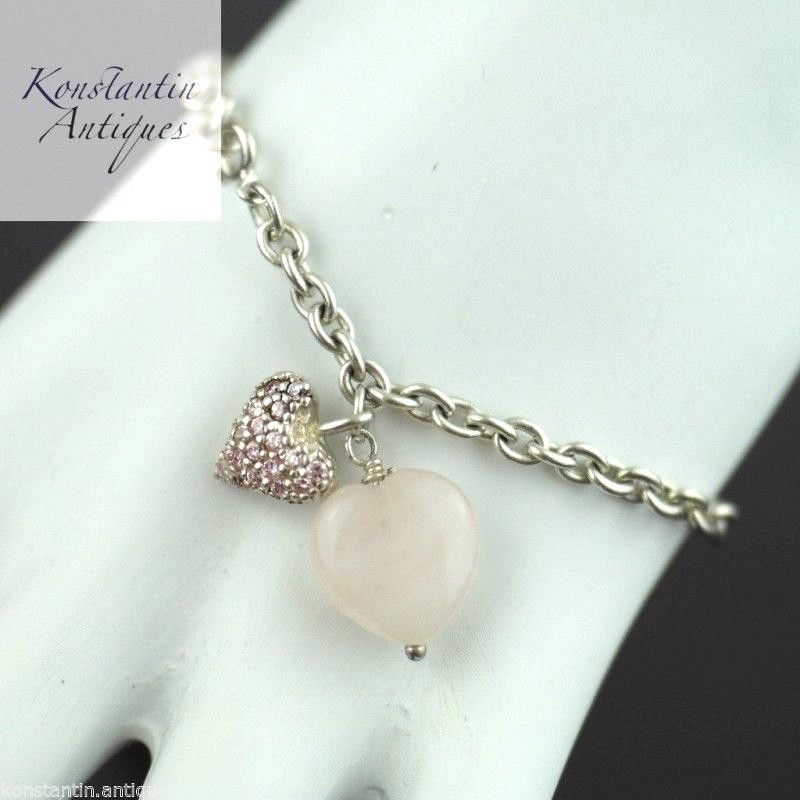 Cadena de pulsera de plata de ley con colgante de corazón de cuarzo rosa