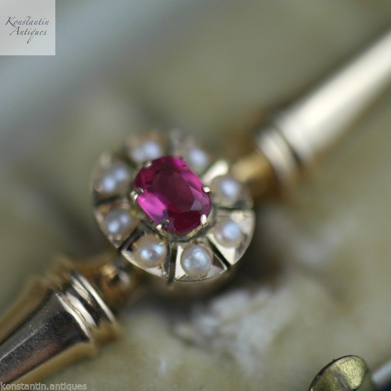 Antique 1909 Imperial Russian 56 gold brooch with ruby and pearls - Au Diamant du cap