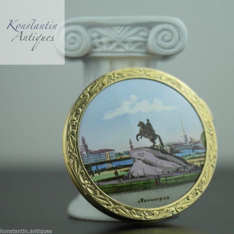 Vintage 1964 plata maciza oro chapado polvo compacto esmalte porcelana 875 Rusia