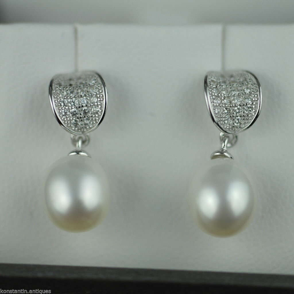 Stylish sterling silver cultured pearls earrings CZ Lucoral 925