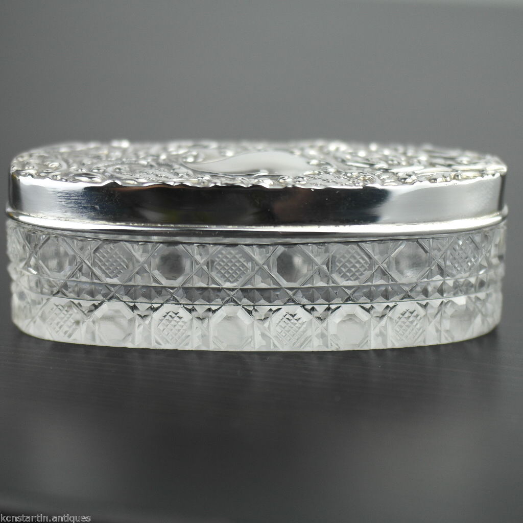 Antique 1903 sterling silver topped cut glass trinket box