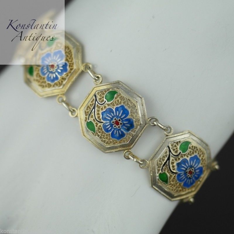 Pulsera vintage de plata maciza chapada en oro con flores esmaltadas de Portugal 