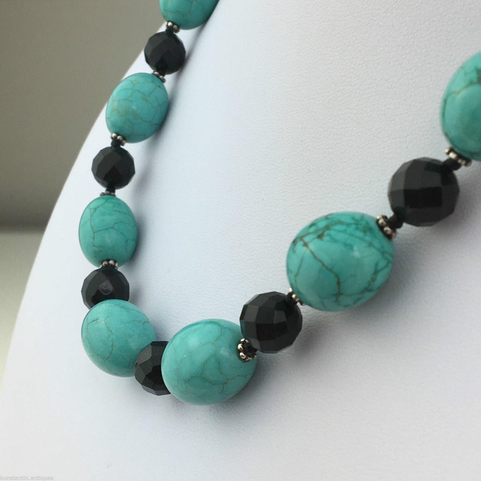 Vintage Lucas Lameth Turquoise and Onyx, sterling silver beads & clasp necklace