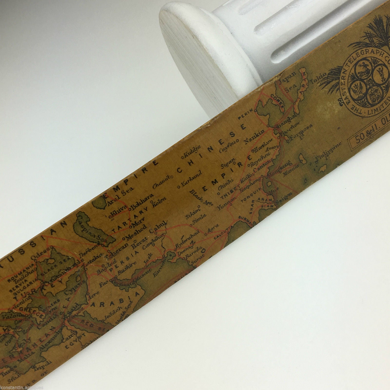 Antiker Seitenwender/Brieföffner aus Holz von 1898 mit Karte The Eastern Telegraph Com