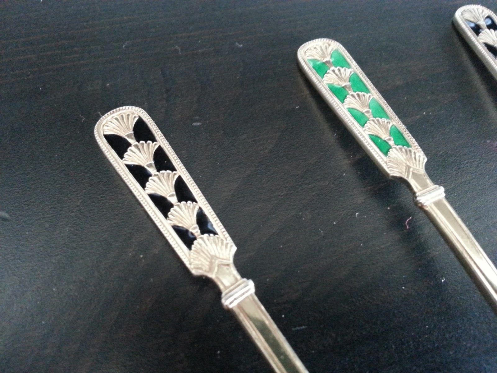 Antique set of six solid silver gilt enamel tea spoons David Andersen Norway