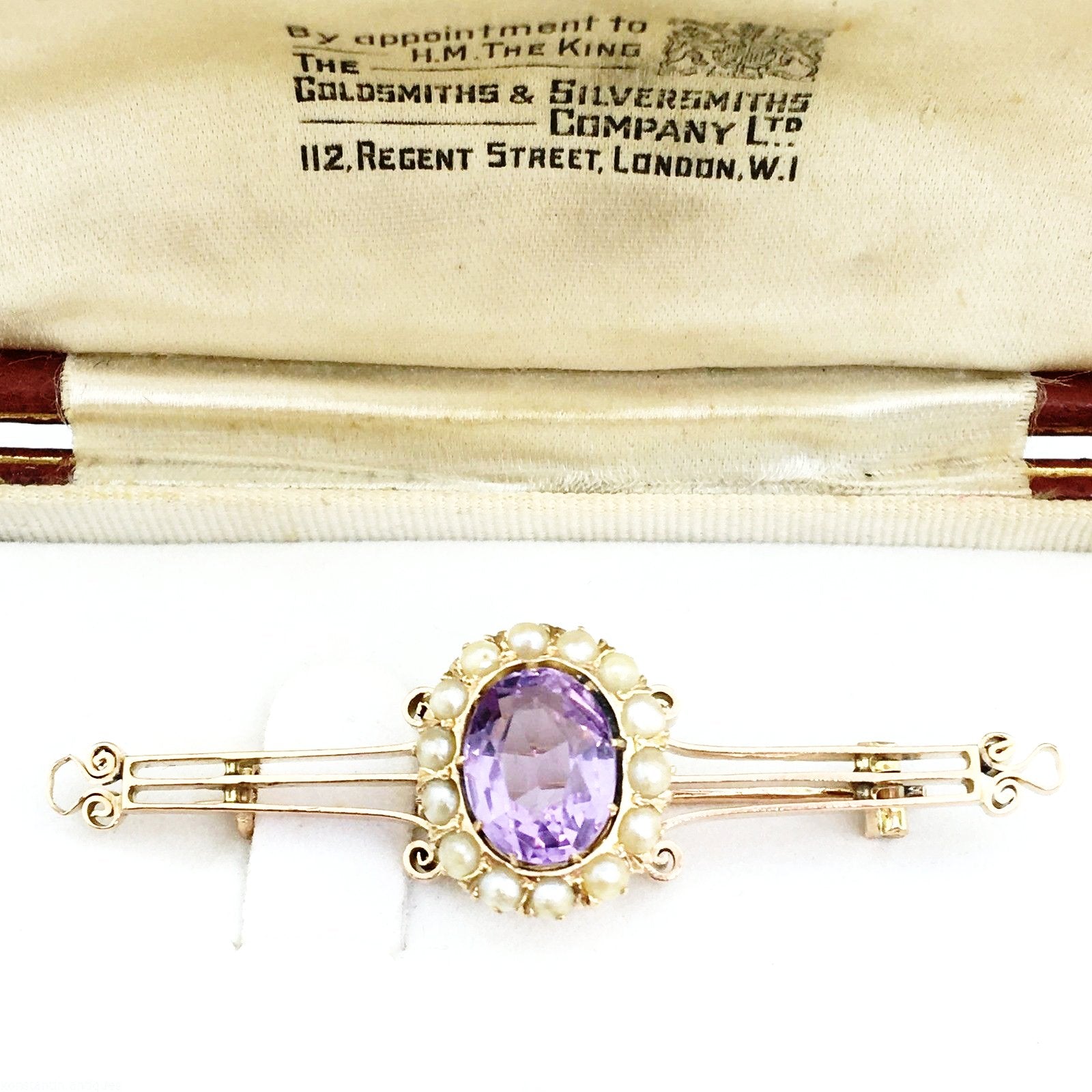 Antique Russian Empire 56 gold brooch with Amethyst and seed pearls cluster