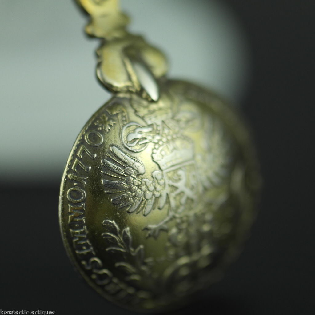 Antiguo 1770 plata dorada 20 Kreuzer moneda cuchara Theresia Imperio Austriaco 800
