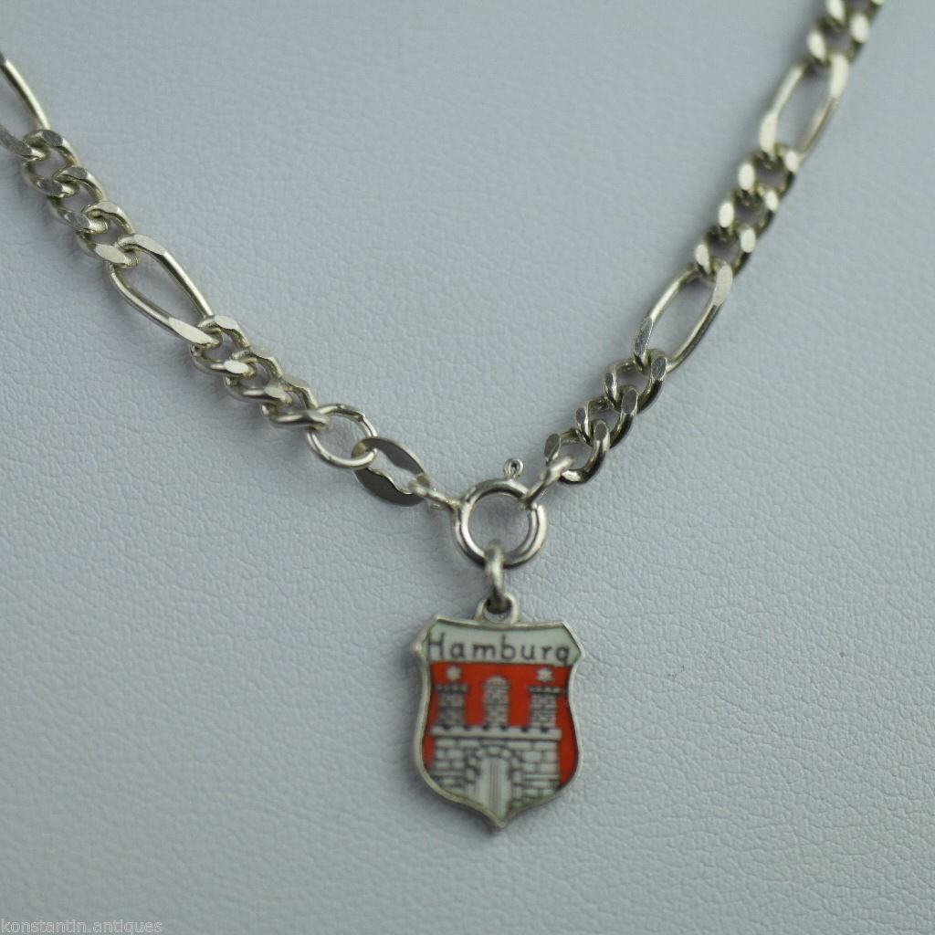 Antique sterling silver chain enamel pendant Hamburg Germany charm solid gift