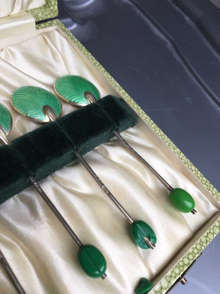 Antique set of ten c. 1913 enamel sterling silver spoons