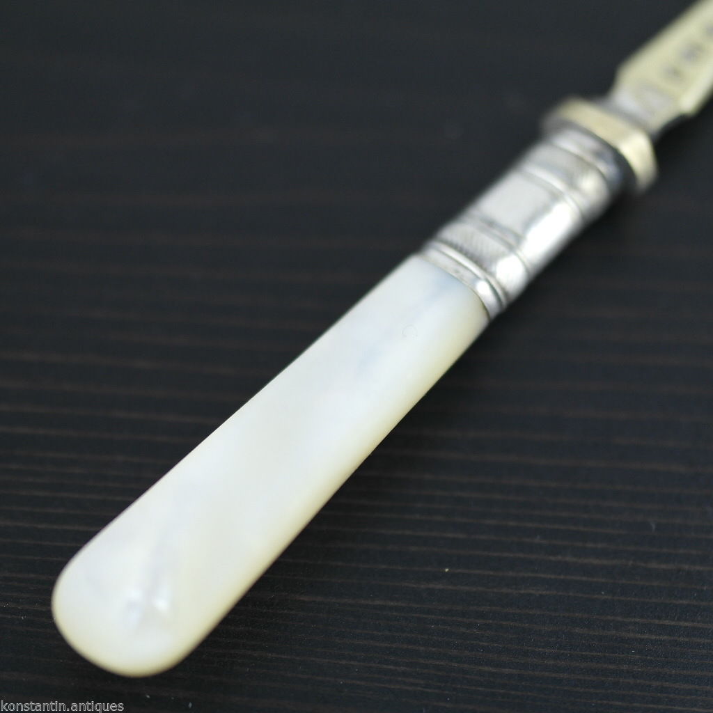 Antique table fork with mother of pearl handle Sheffield silver plate Diablo