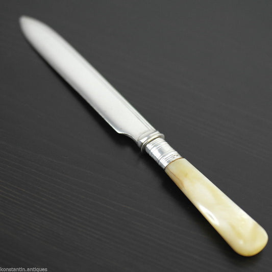 Antiguo cuchillo de cuento con placa de plata y mango de nácar EPNS Imperio Británico