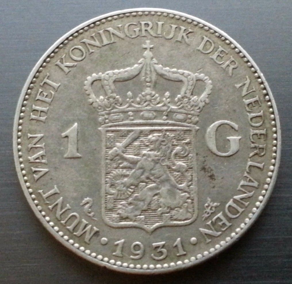 Vintage 1931 silver coin 1 gulden Queen Wilhelmina of the Netherlands 20thC