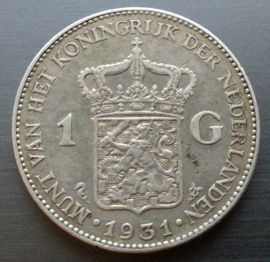 Vintage 1931 silver coin 1 gulden Queen Wilhelmina of the Netherlands 20thC