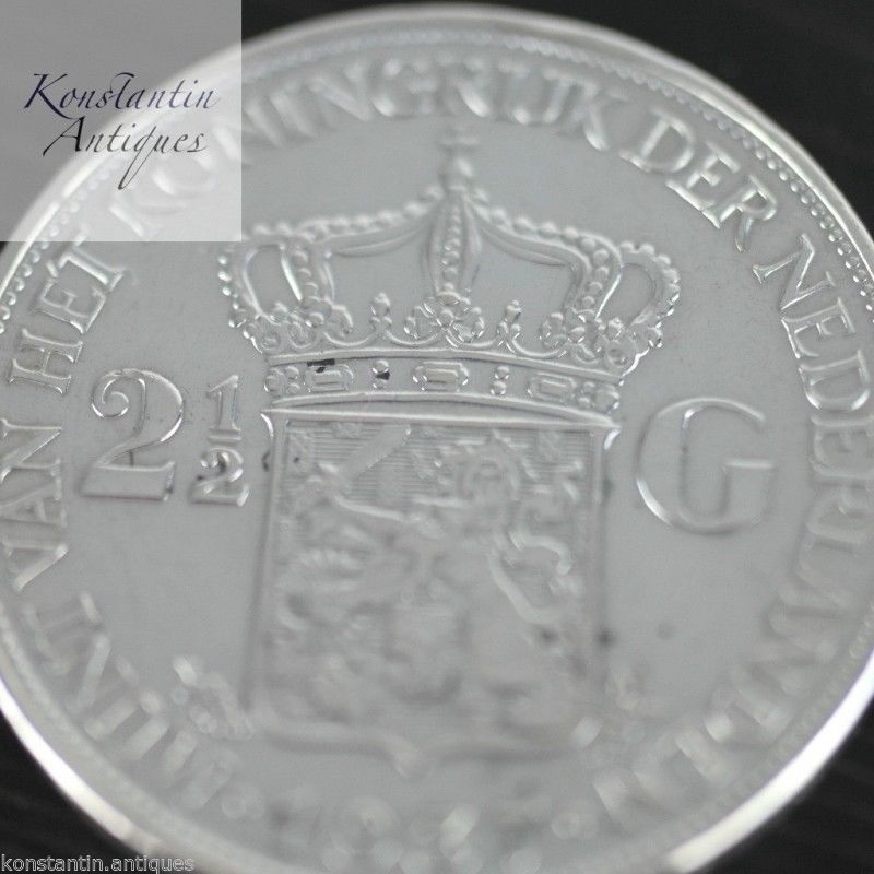 Vintage 1937 silver coin 2.5 Gulden Queen Wilhelmina of the Netherlands 20thC