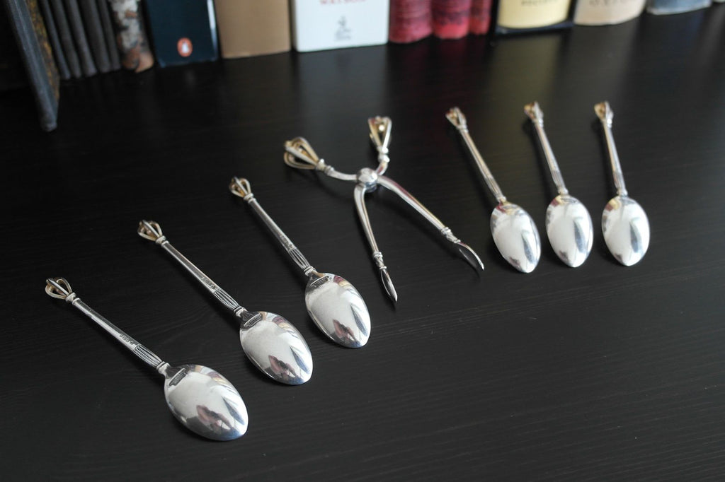 Vintage sterling silver set six spoons plus tongs Denmark W&S Sorensen in box