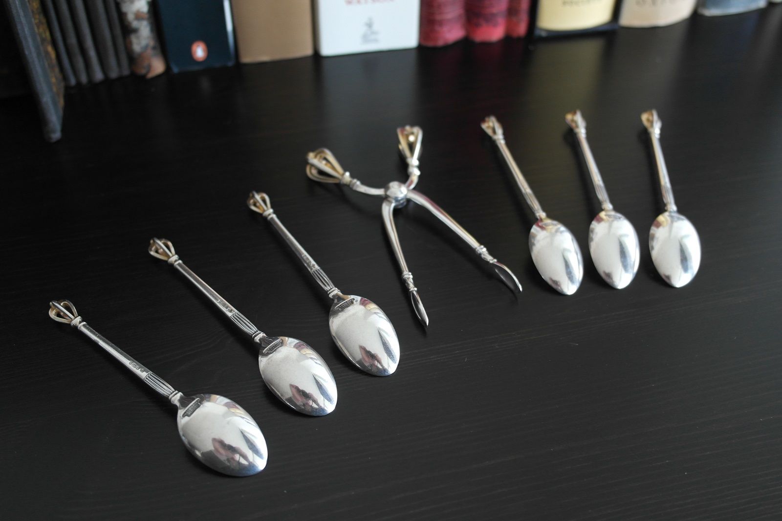 Vintage sterling silver set six spoons plus tongs Denmark W&S Sorensen in box