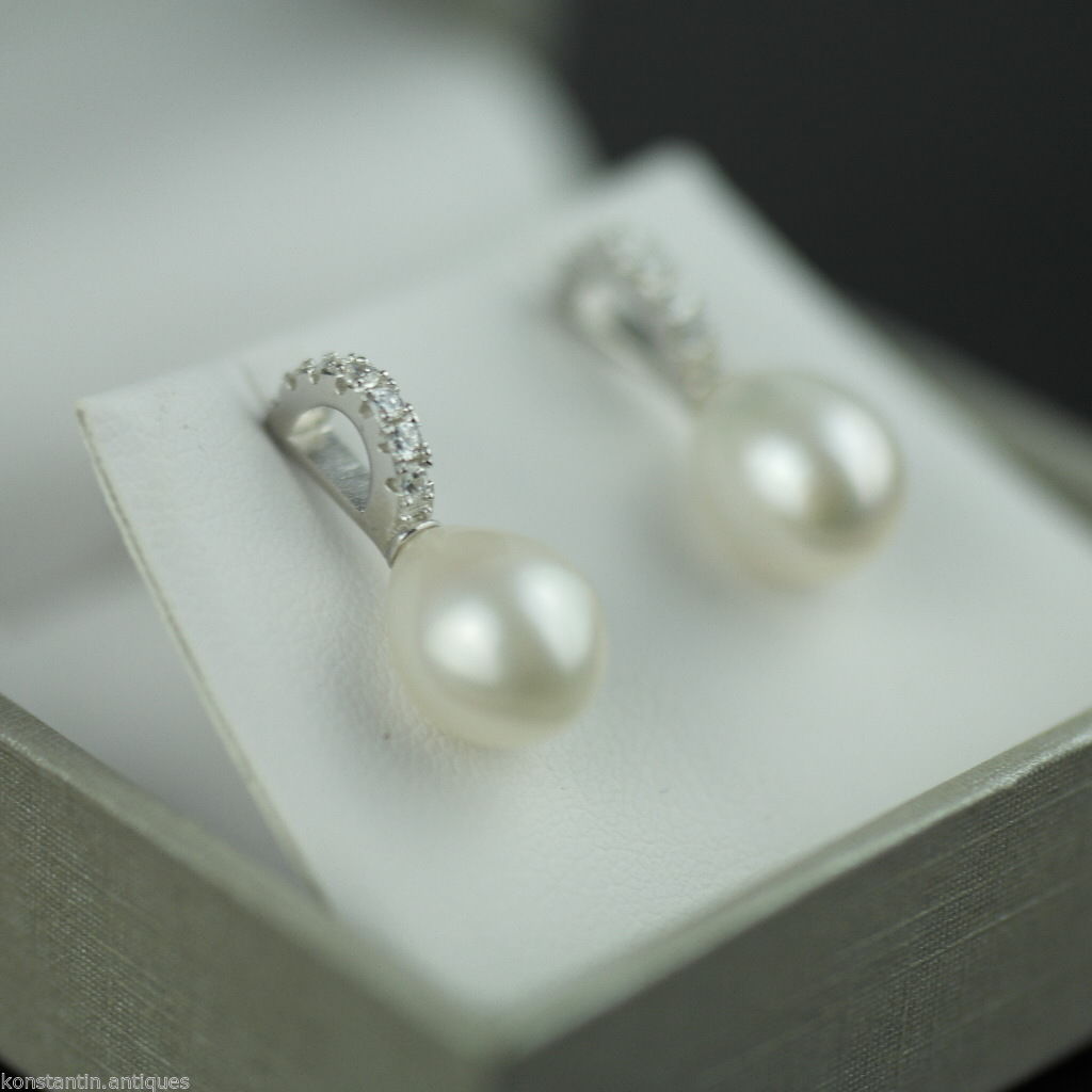 Stylish sterling silver cultured pearls earrings CZ Lucoral 925 boxed