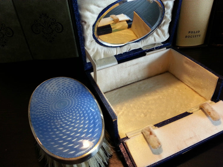 Vintage 1927 cepillo de esmalte guilloché de plata maciza Birmingham Myatt&amp;Co Regalo en caja