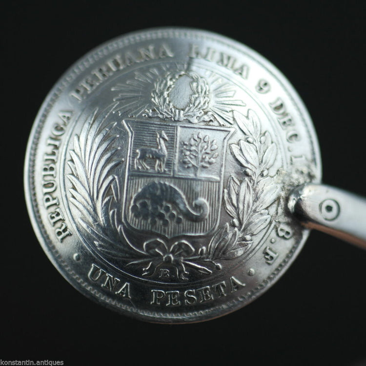 Cuchara de moneda de plata maciza antigua de 1880 República Peruana Lima Una Peseta Perú