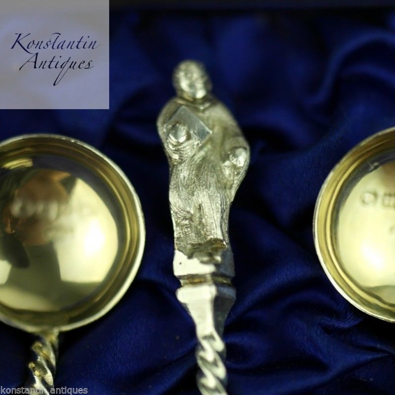 Antike viktorianische Apostellöffel aus vergoldetem Sterlingsilber von 1883, 4+1 Set im Karton