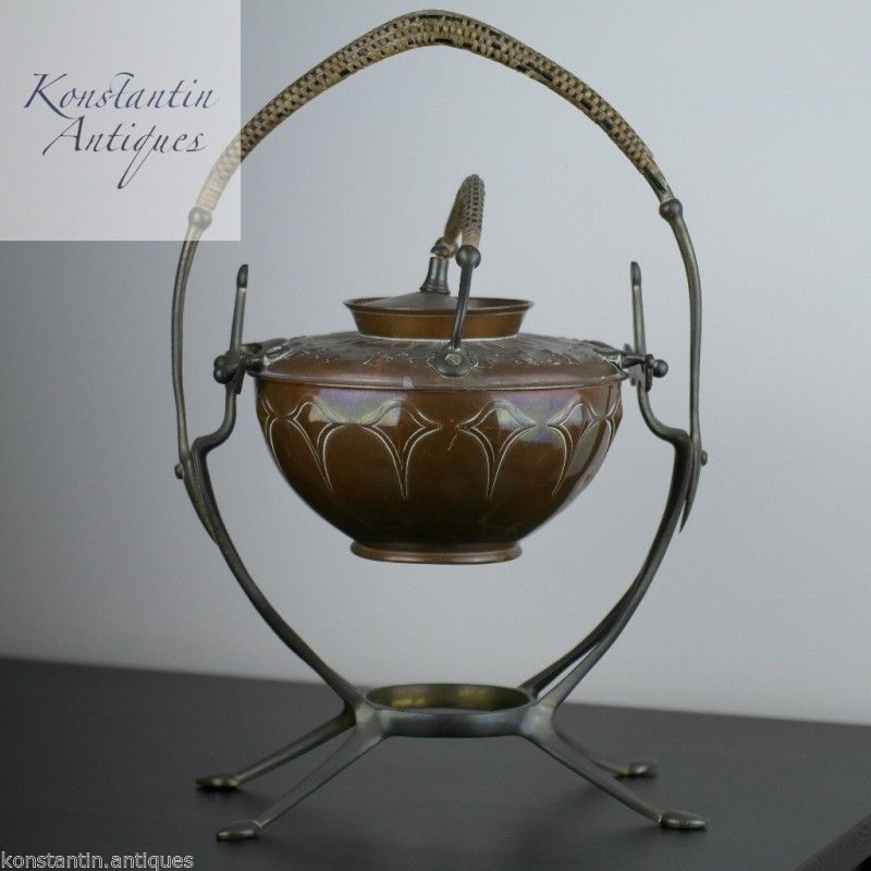 Art Nouveau WMF Copper Tea Coffee Spirit Kettle on Pewter stand Antique