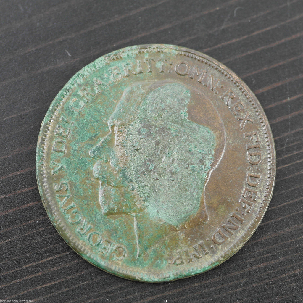 Antique 1914 bronze coin One penny George V British Empire with patina