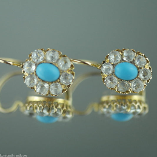 Antique 14ct / 56 gold earrings Turquoise and Rhinestones cluster from Russian Empire