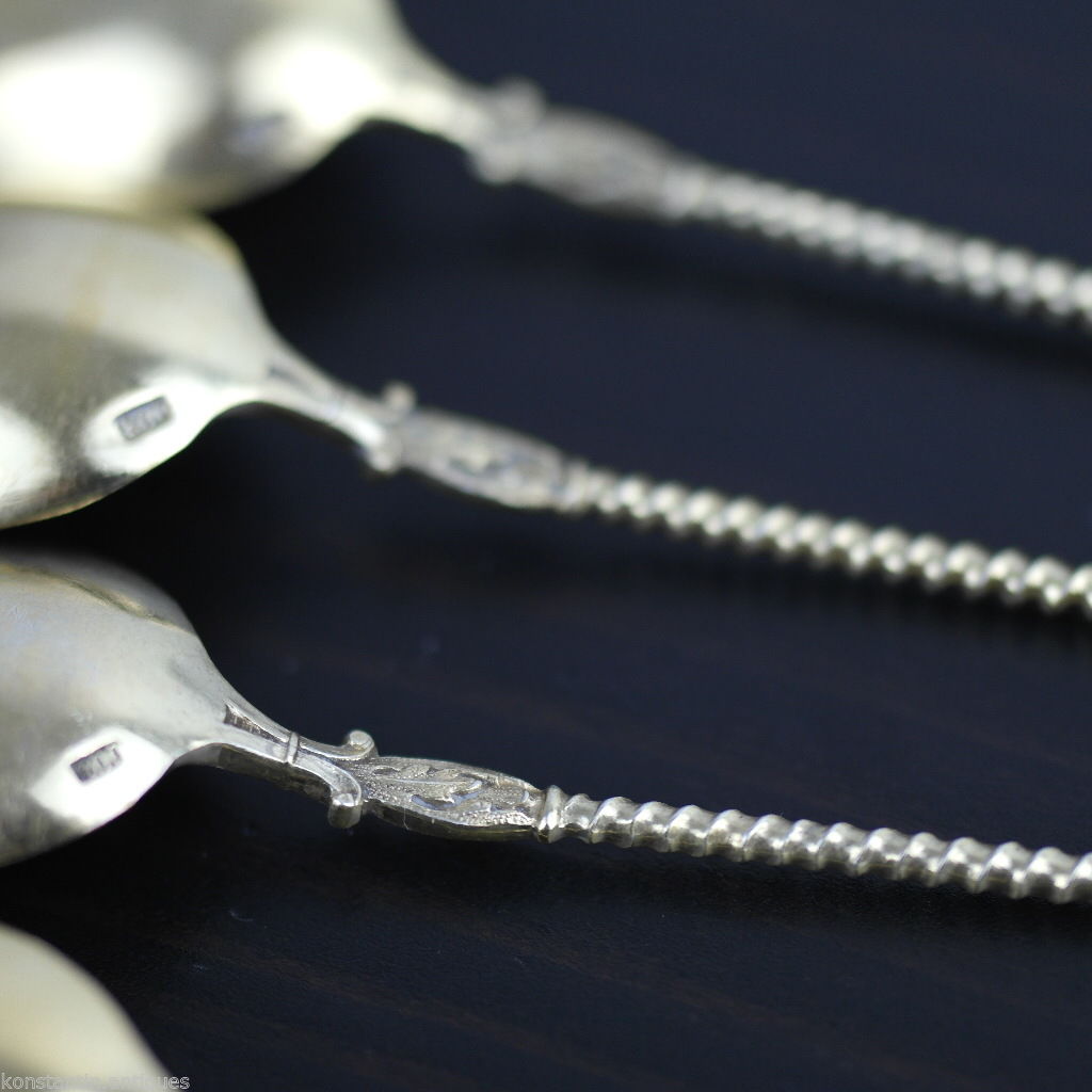 Antique Italian sterling silver spoons set 5 five gilt deer legs handles Italian