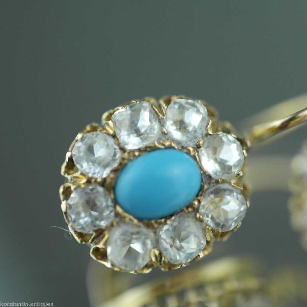 Antique 14ct / 56 gold earrings Turquoise and Rhinestones cluster from Russian Empire
