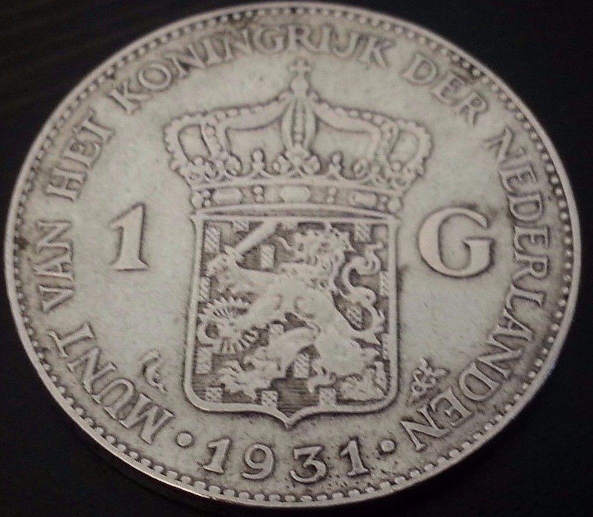 Vintage 1931 silver coin 1 gulden Queen Wilhelmina of the Netherlands 20thC