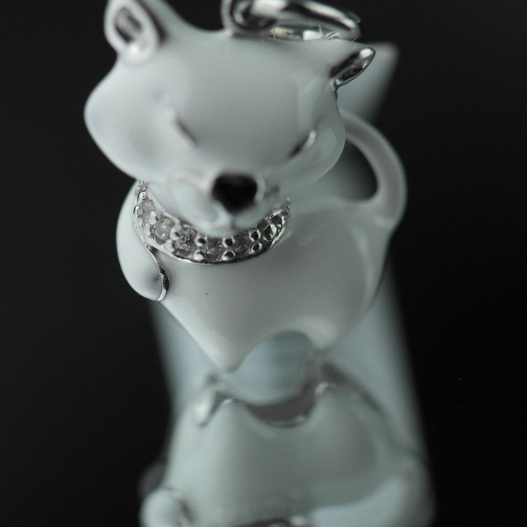 Sterling silver pendant white Enamel Cat with incrusted collar band