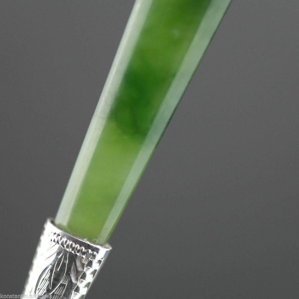 Antique 1900 sterling silver knife green Jade Nephrite handle