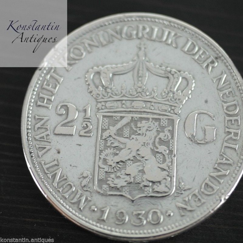 Moneda de plata maciza vintage de 1930 2,5 Gulden Wilhelmina Reina de los Países Bajos