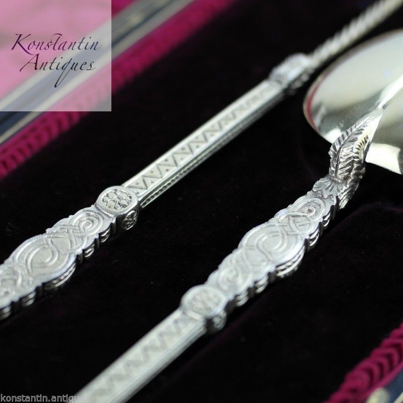 Antique 1905 gold plated sterling silver anointing spoons boxed London James Wakely & Frank Clarke Wheeler