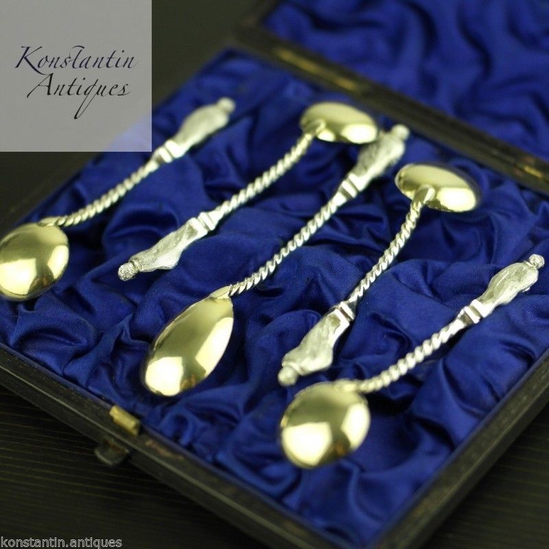 Antiguas cucharas de apóstol victorianas de plata de ley de 1883 chapadas en oro 4+1 juego en caja