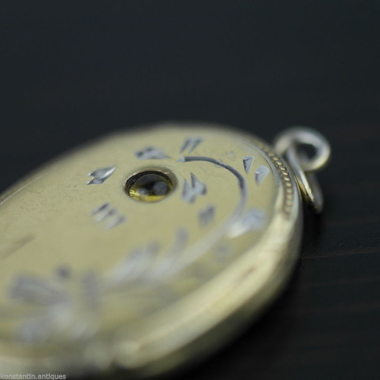 Vintage plata maciza Locket colgante citrino piedra preciosa encanto dorado ruso В875