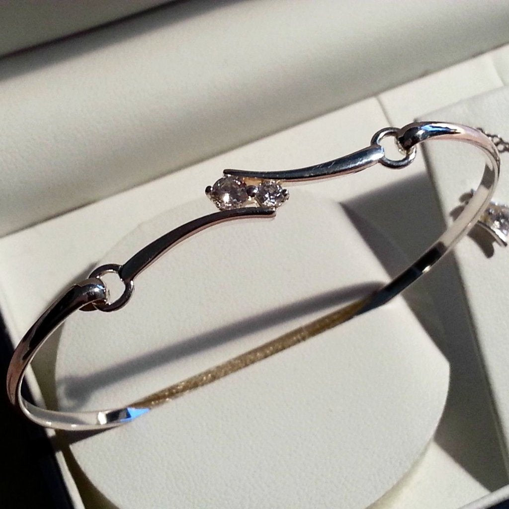 Incrusted set with CZ Sterling silver bangle, earrings, chain and charm pendant